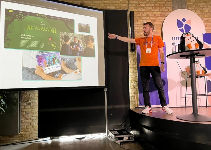 James Hobbs at the Umbraco event showcasing work for Aer Studios