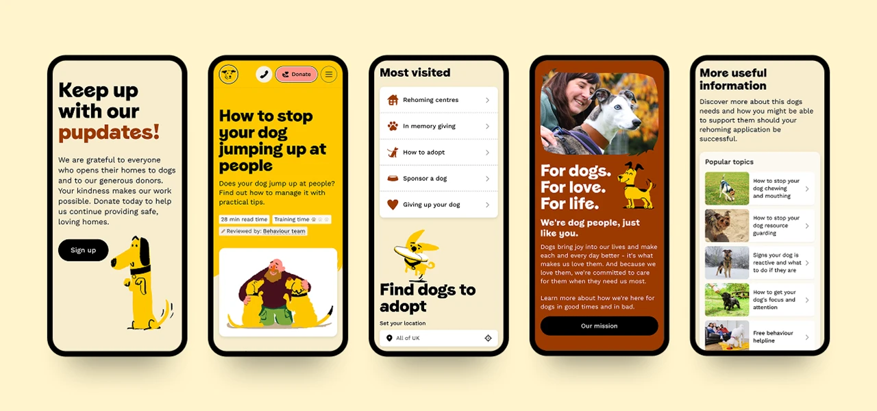 Dogs Trust - different website pages shown on mobile phones