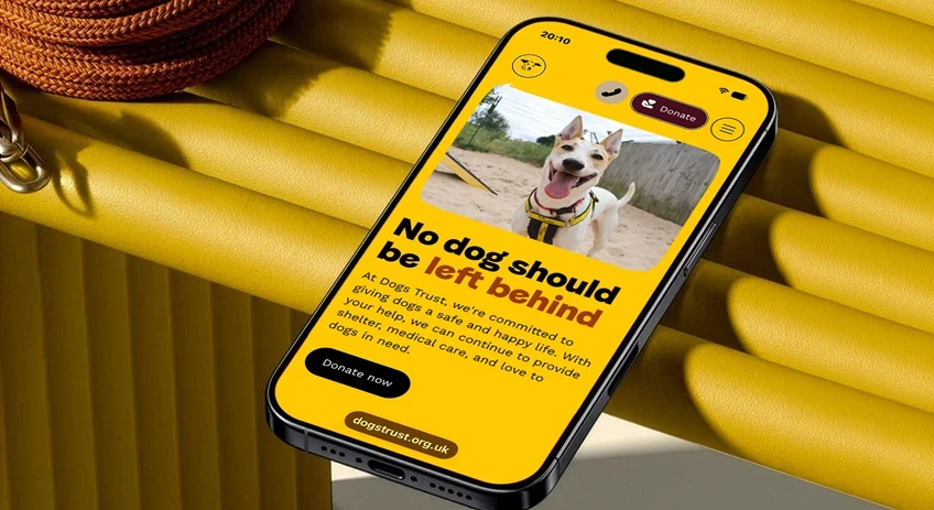 Dogs Trust promotional image with mobile phone displaying the website
