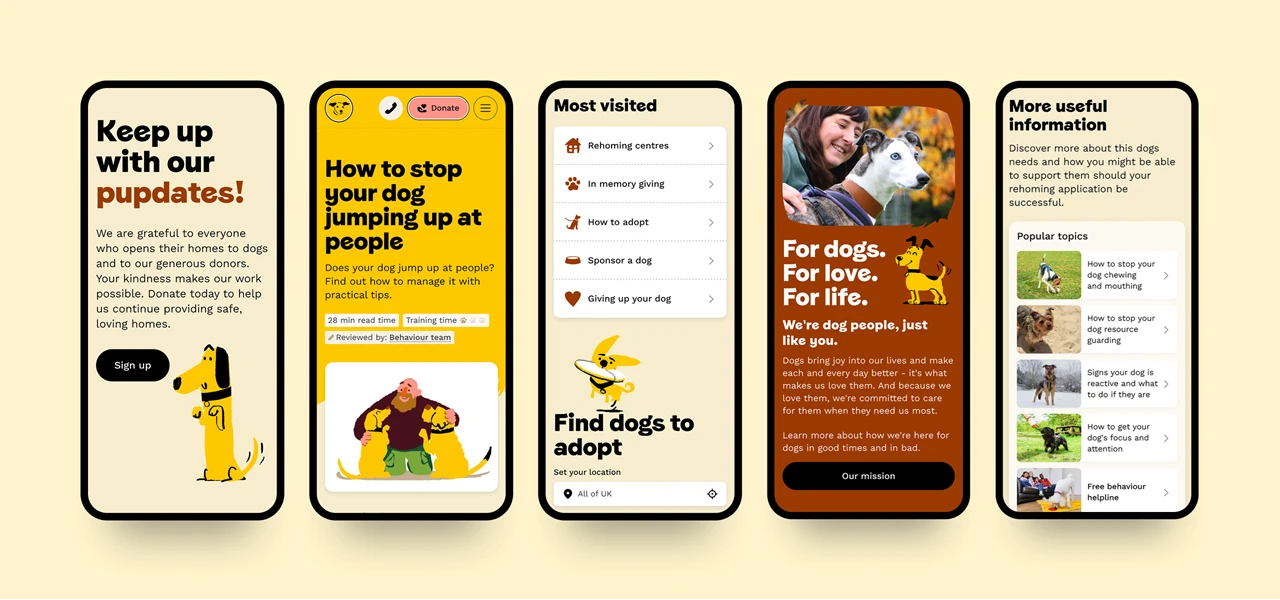 Dogs Trust - different website pages shown on mobile phones