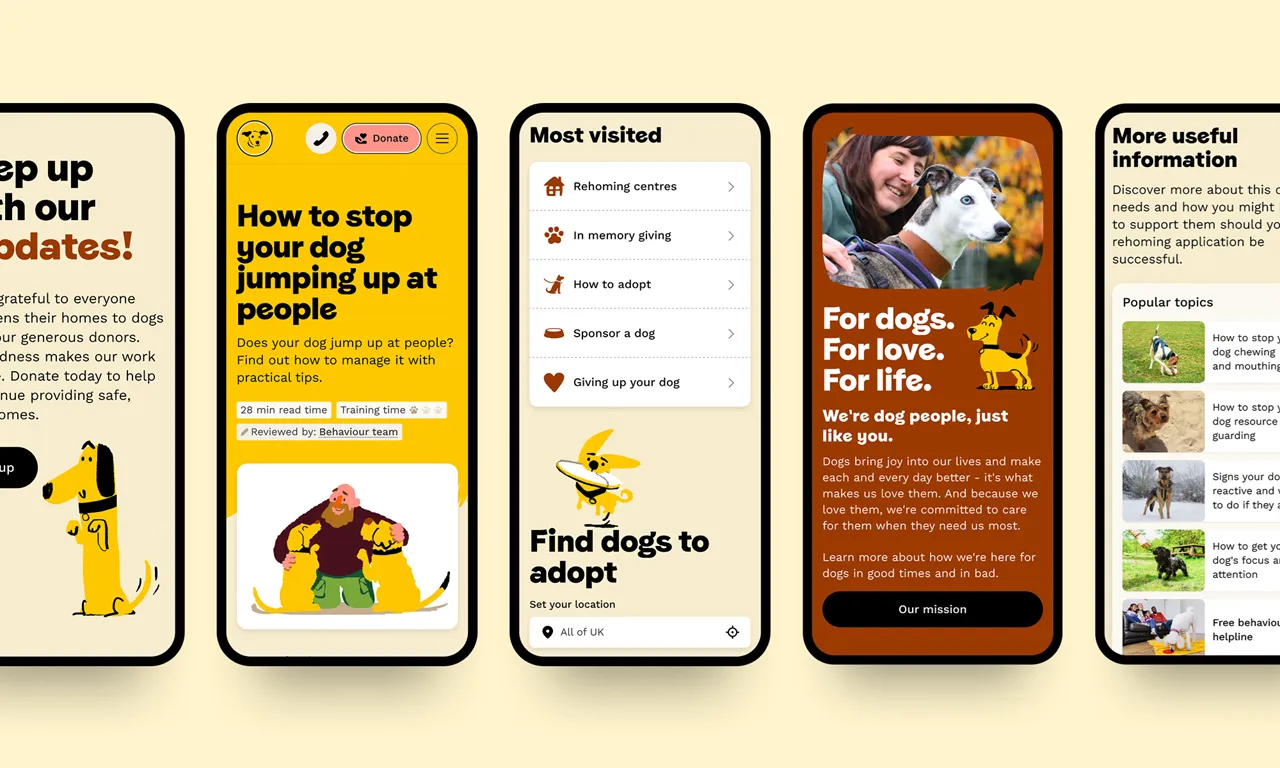 Dogs Trust - different website pages shown on mobile phones