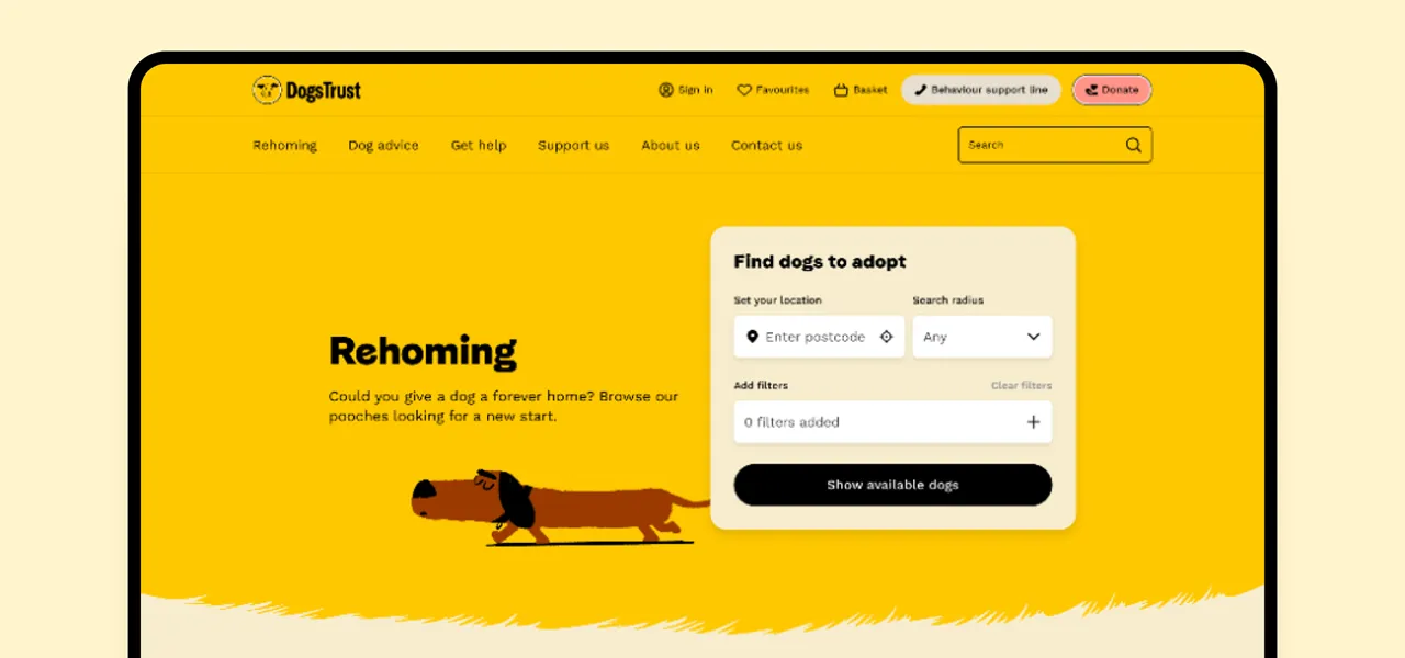 Dogs Trust rehoming page screen shot