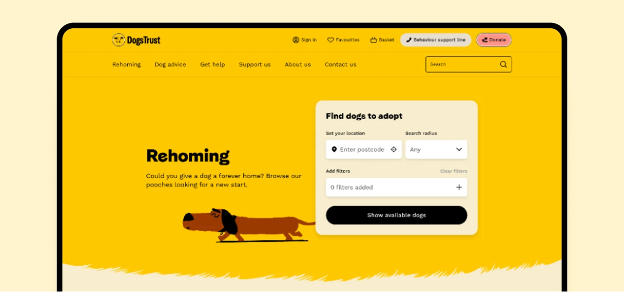 Dogs Trust rehoming page screen shot