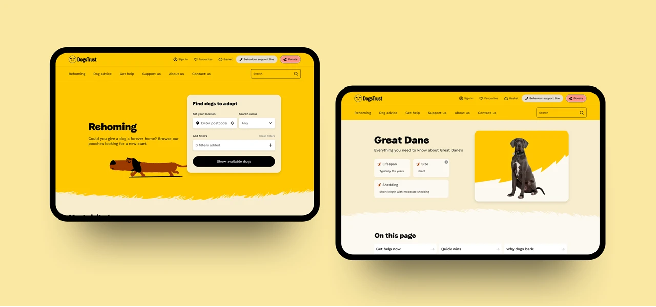 2 different Dogs Trust website pages shown on tablets