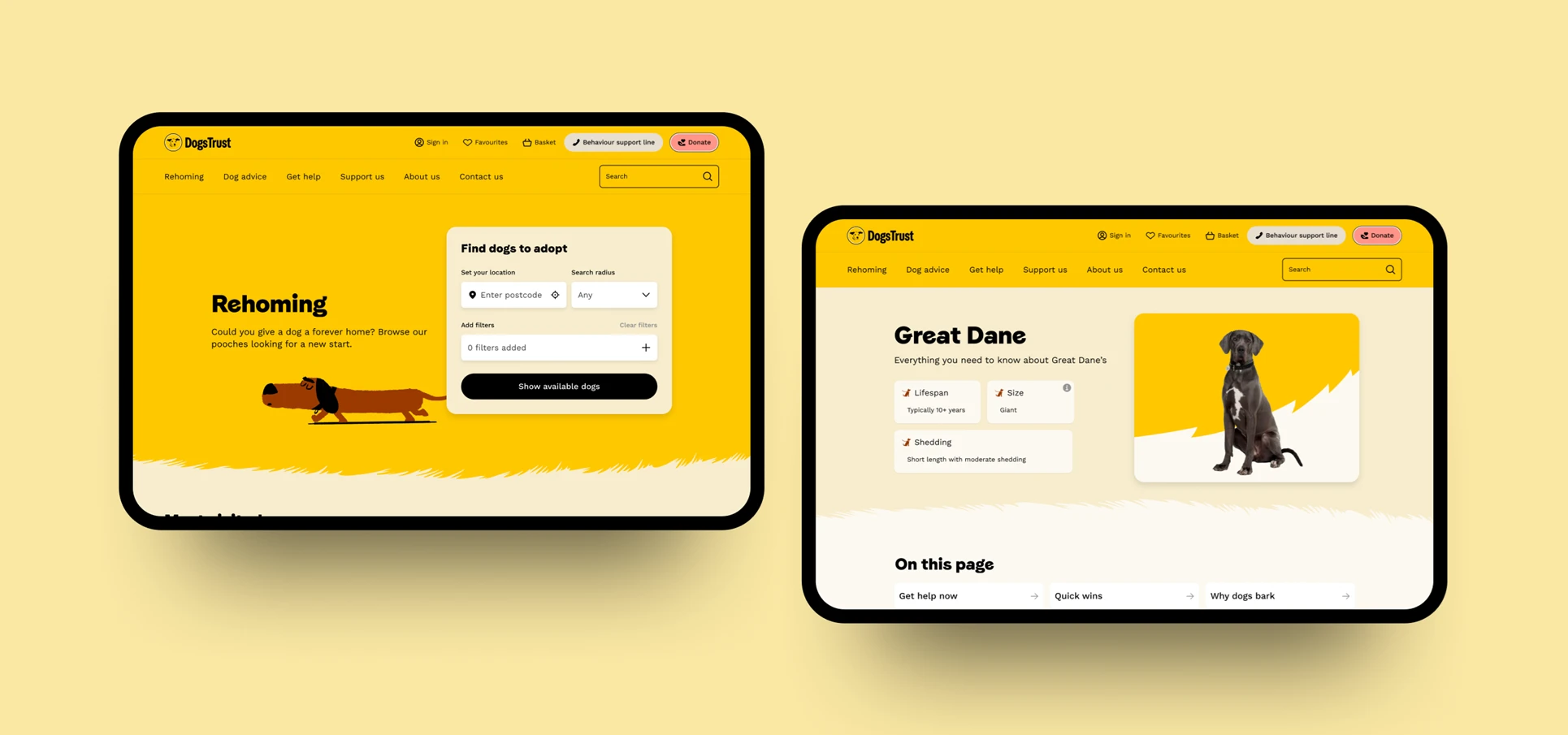 2 different Dogs Trust website pages shown on tablets