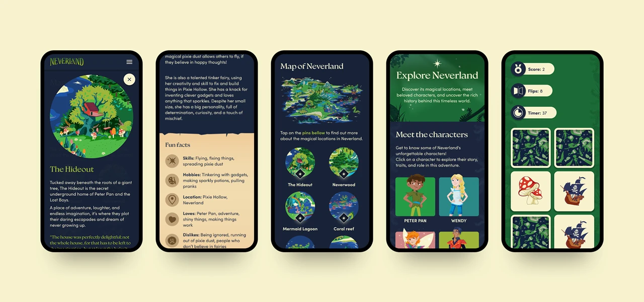 5 different pages from the Neverland website shown on mobile phone screens