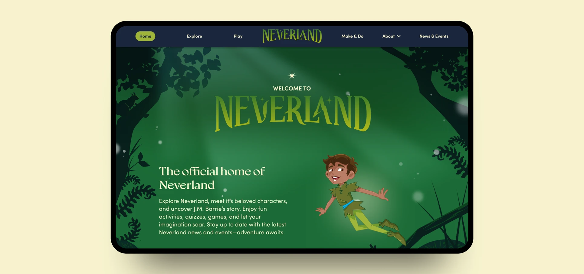 Neverland website shown on Tablet screen