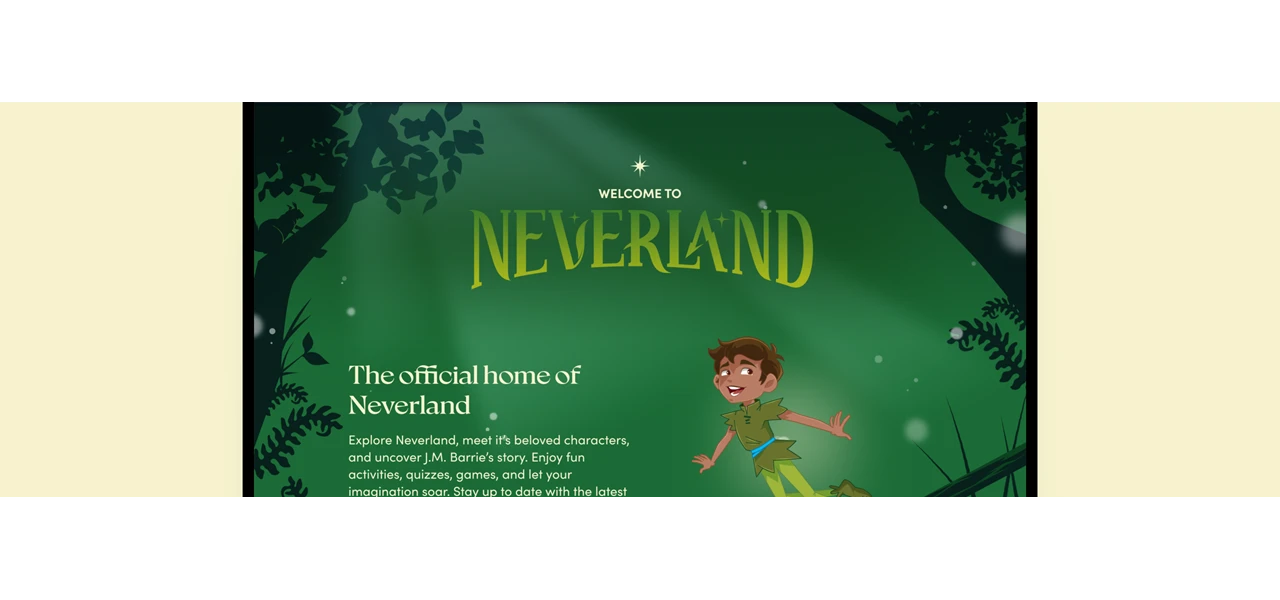 Neverland website shown on Tablet screen