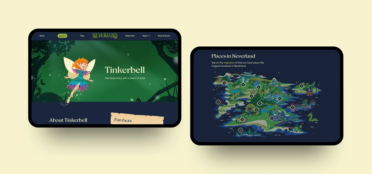2 different Neverland website pages shown on tablets