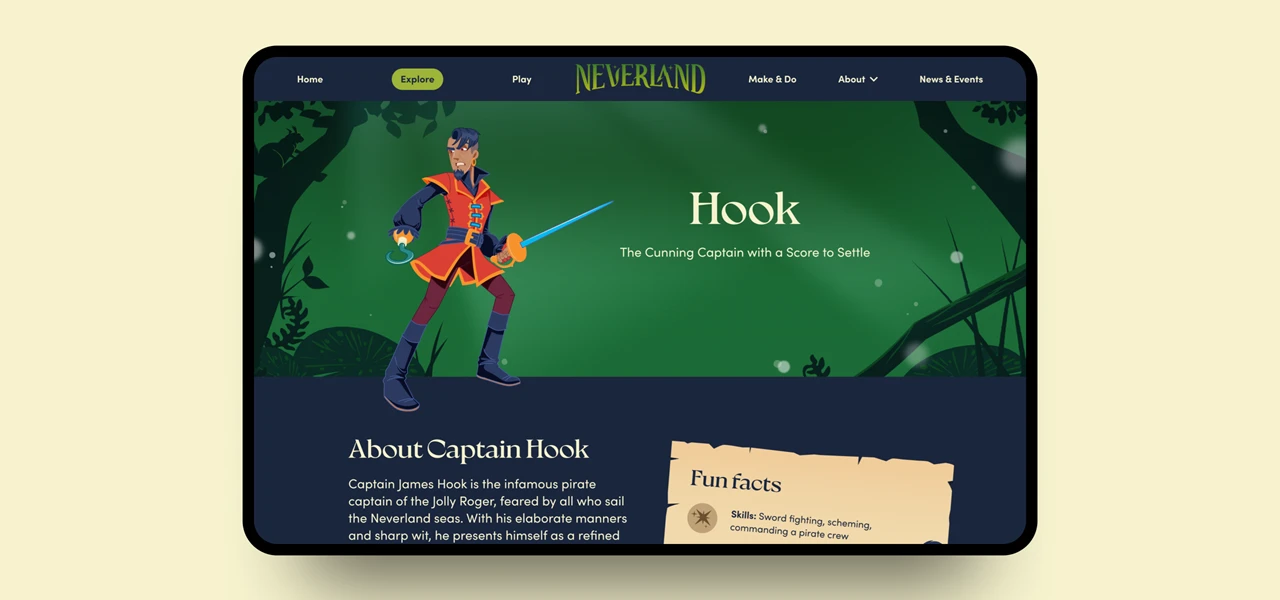 Neverland - Hook character page shown on tablet