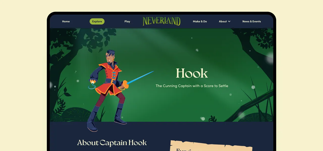 Neverland - Hook character page shown on tablet