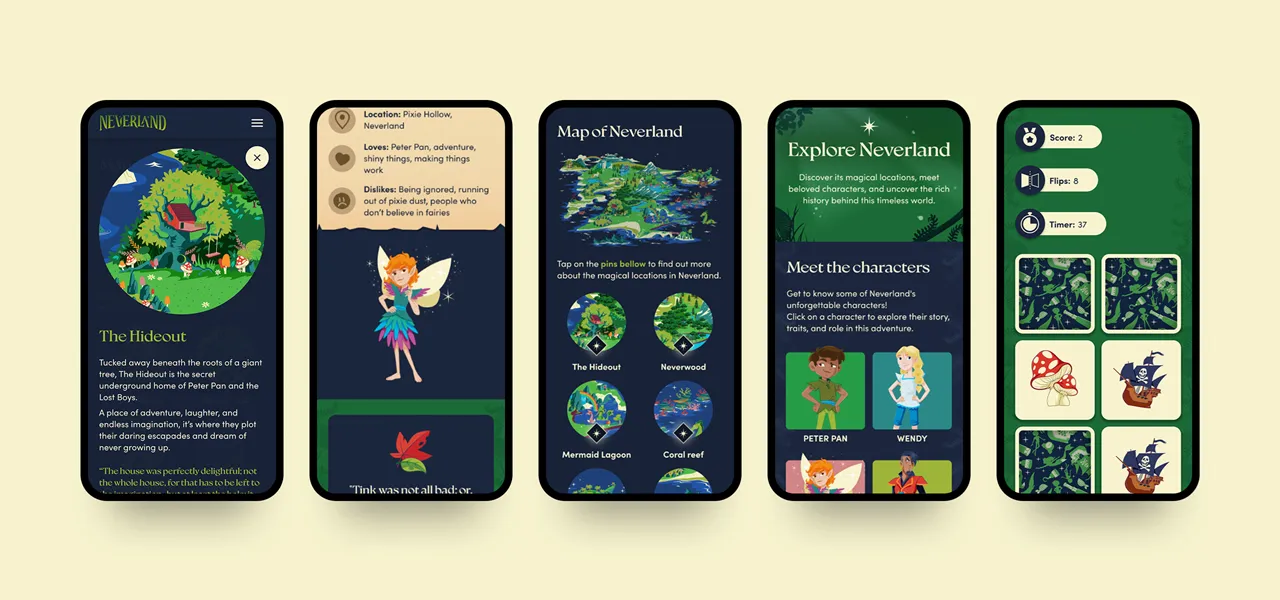 5 different pages from the Neverland website shown on mobile phone screens