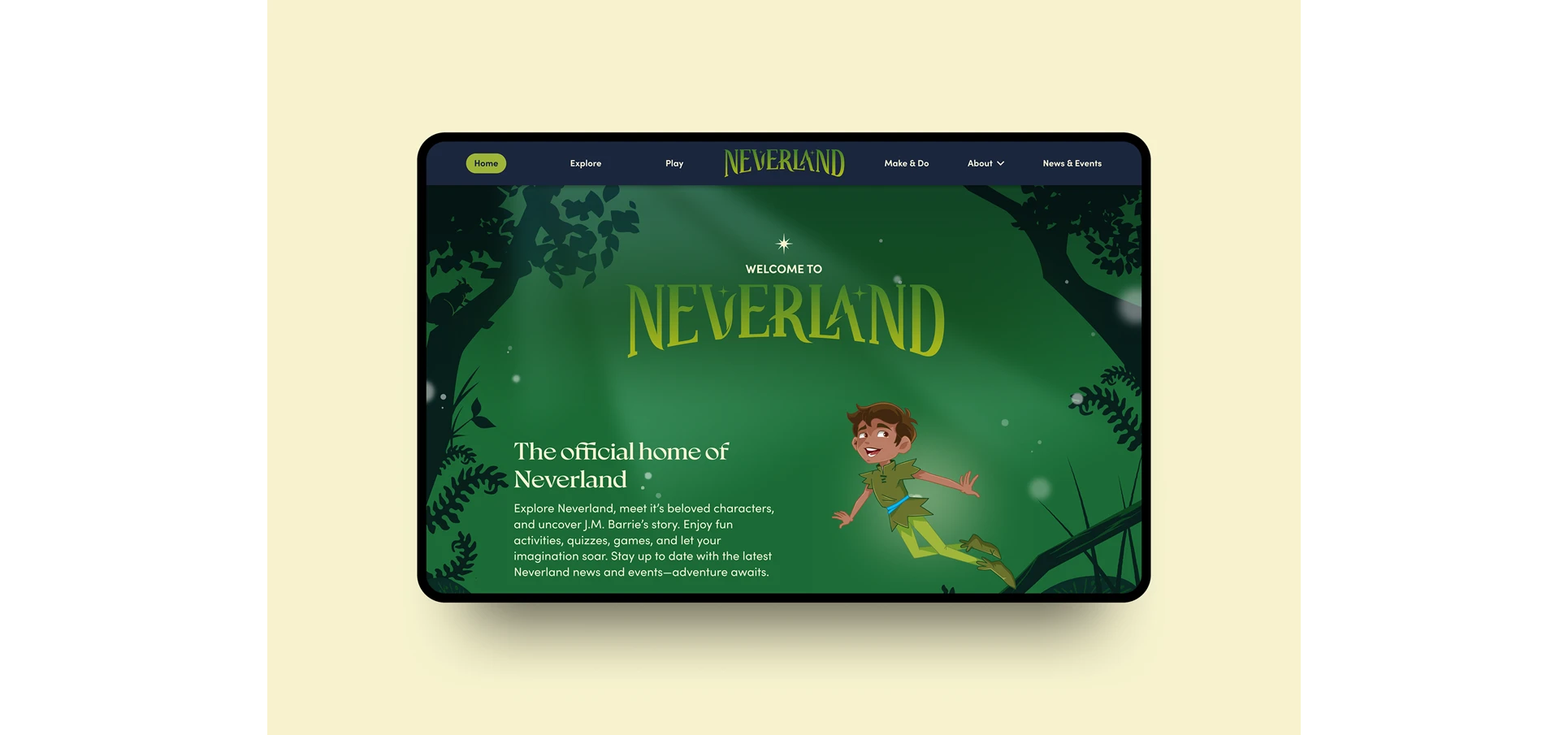 Neverland website shown on Tablet screen