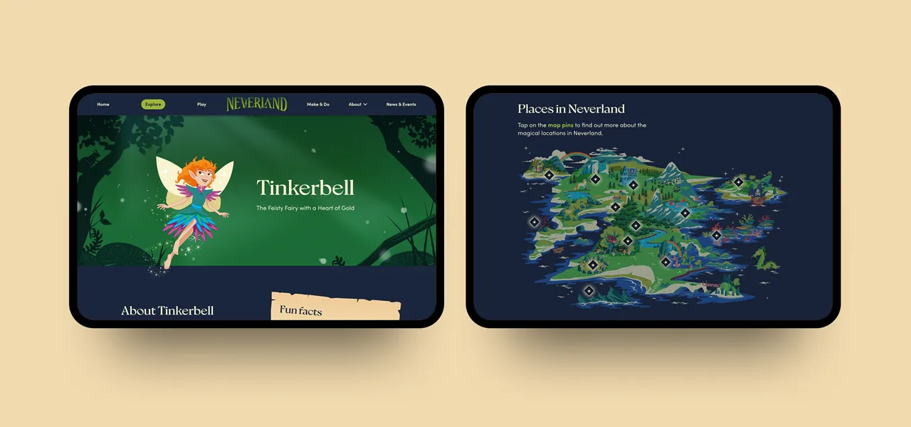 2 different Neverland website pages shown on tablets