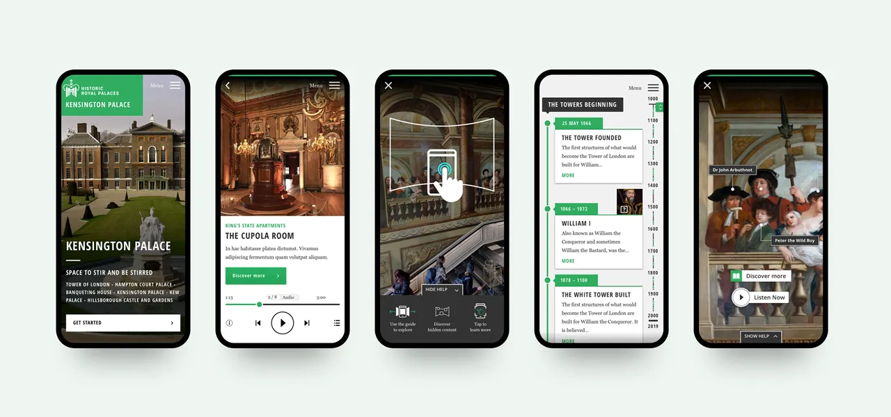 5 different screens of the HRP app being shown on a mobile phone