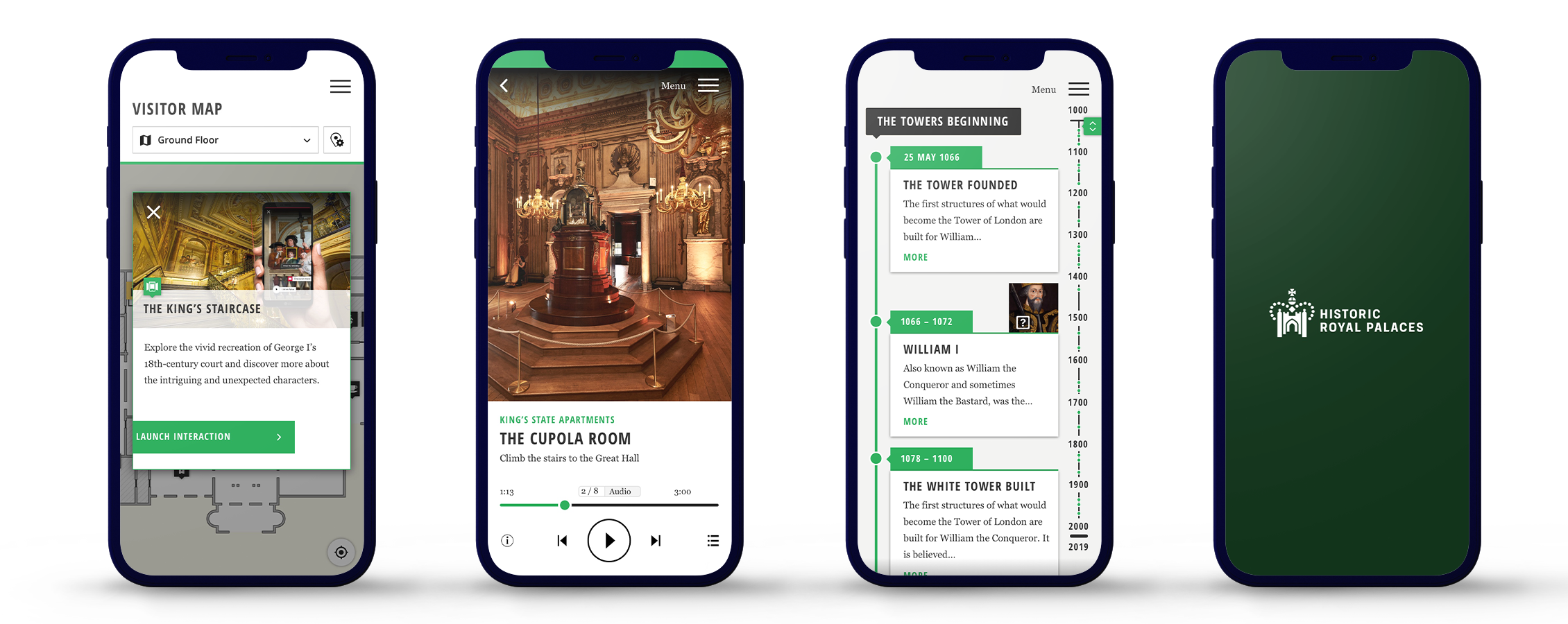 Historic Royal Palaces app on multiple phones side by side