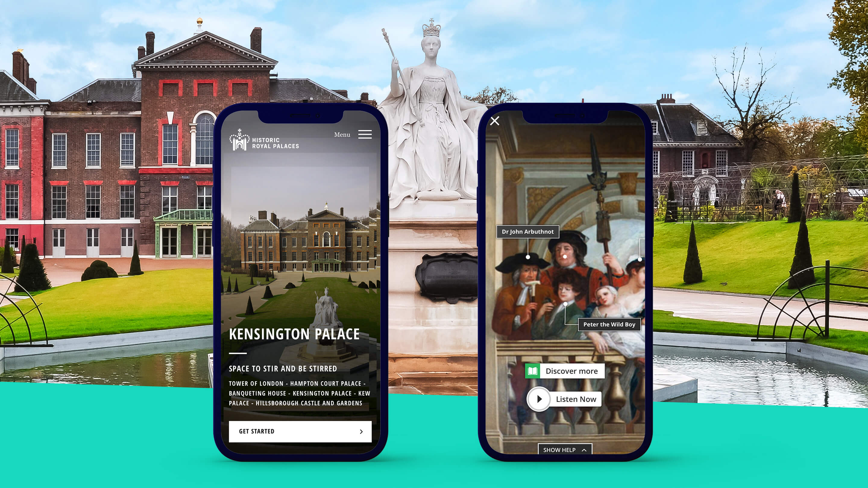 Two phones with the Historic Royal Palaces app.