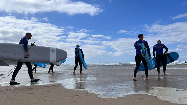 The team going surfing.