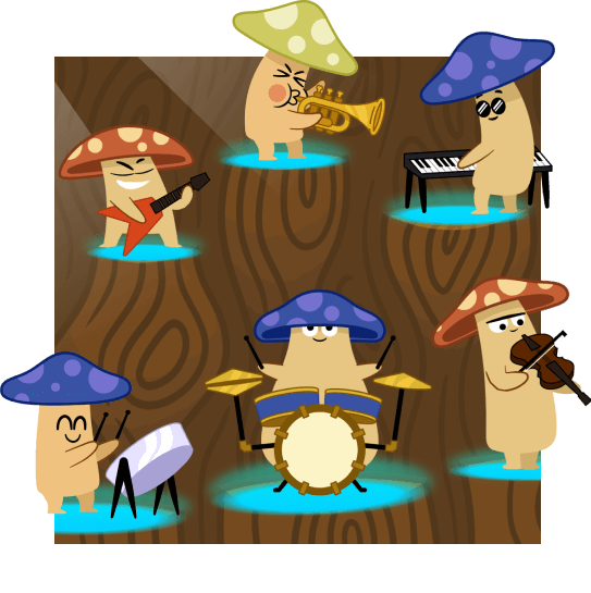 Mushies playing instruments on tree background